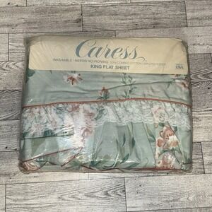 Vtg‎ Caress No Iron King Flat Sheet Floral Lace Ruffle NWT Mervyn's Cottagecore